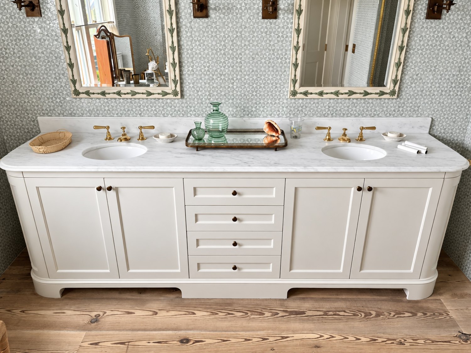 Painted double vanity with marble top and two undermount sinks